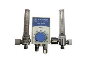 BIO-MED neo mixer m. flowmeter 0-15 L/min i venstre side og flowmeter 0-3,5 L/min i højre side, komplet med klo, slanger, in-line regulator og stiknipler