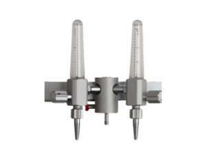 O2 Dobbelt flowmeter, 2 x O2, 1-15 L/min med klo, 1 m slange og mini stiknippel (Dameca)