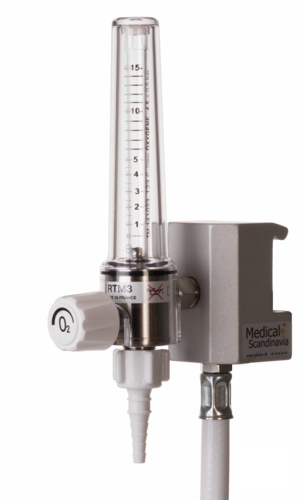 O2 Flowmeter Dobbelt, 0-15 l/min, på klo, 1m Hvid slange, Mini stiknippel, RTM3