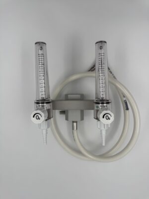 O2 Flowmeter Dobbelt, 0-15 l/min, på klo, 1m Hvid slange, Mini stiknippel, RTM3